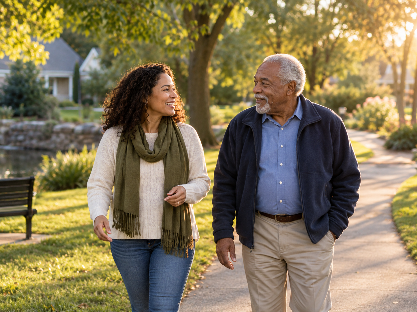 A companion and older adult walking together in a neighborhood park